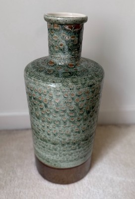 Green Textured Abstract Ceramic Vase, Brown Base, Glossy Finish. Free shipping.