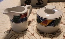 Flair by Sango Sugar Bowl & Creamer Stoneware Multicolor Geometric Design 4806 K