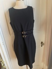 CALVIN KLEIN BLACK SHEATH DRESS-SIZE10-GOLD METAL BUTTON FRONT-BACK METAL ZIPPER