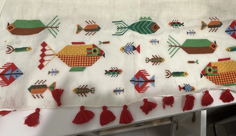 Mantón Tory Burch de lino blanco con borlados coloridos y borlas rojas nuevo sin etiquetas Foto 3 de 4