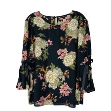 Lily Black white pink floral cottagecore romantic bow popover top large