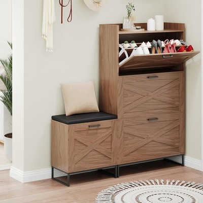 4 Flip Drawers Farmhouse Shoe Cabinet with Bench, Freestanding Shoe Organizer...