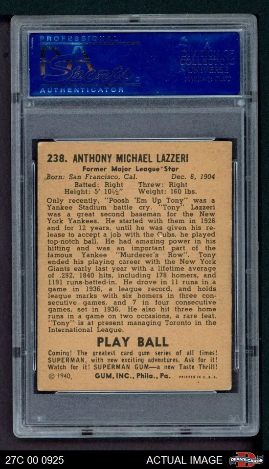 1940 Play Ball #238 Tony Lazzeri Cubs HOF PSA 4 - VG/EX - Image 2 of 2