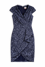Vince Camuto Navy Blue Lace Cocktail Dress Size 6 Elegant Ruffle Wrap Sheath Eve