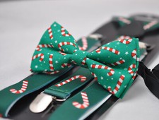 GREEN Candy Canes Xmas Christmas Bow tie bowtie  Elasitc Suspenders Men Boys