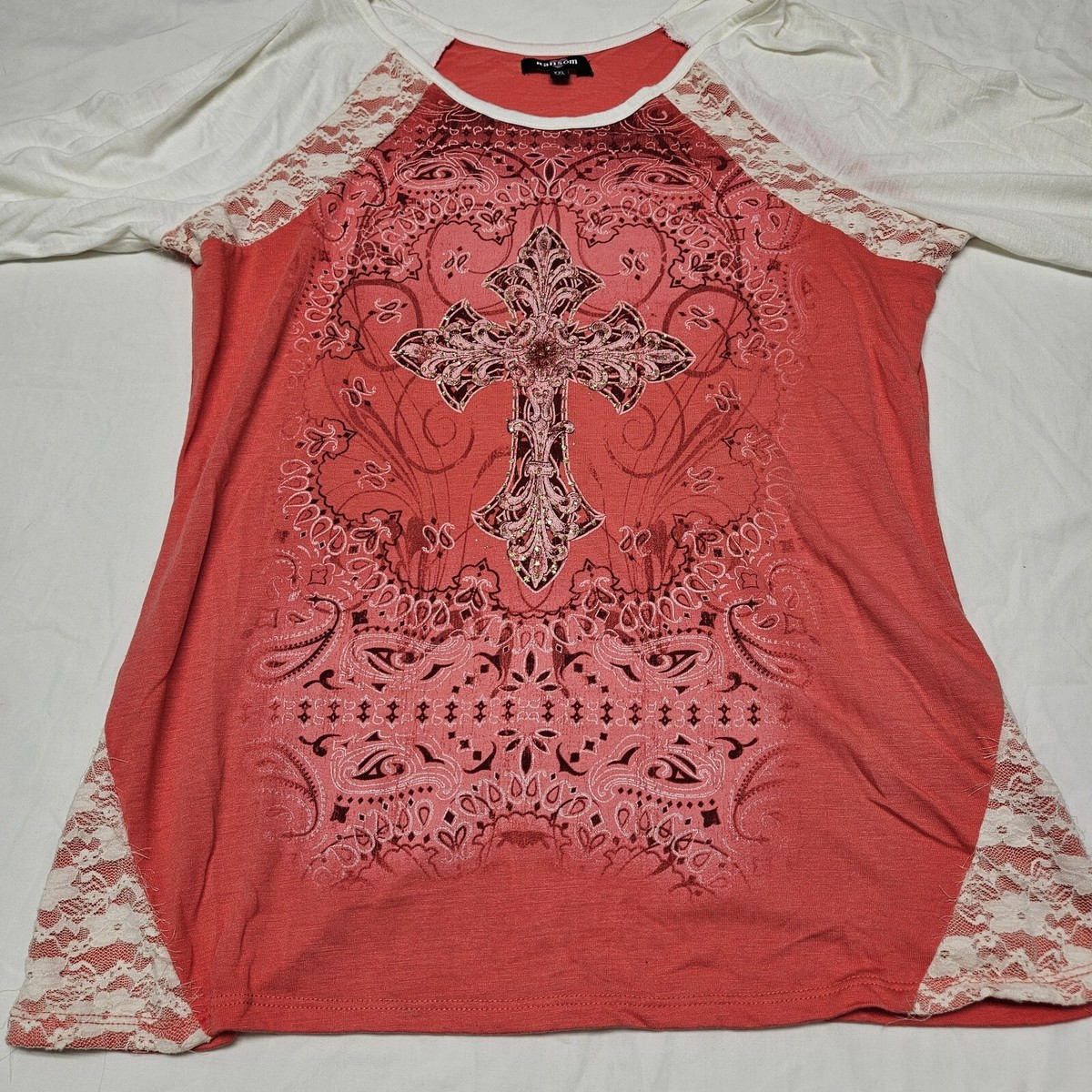 Ransom Women's Long Sleeve Pink White Cross Rhinestone Lace Shirt