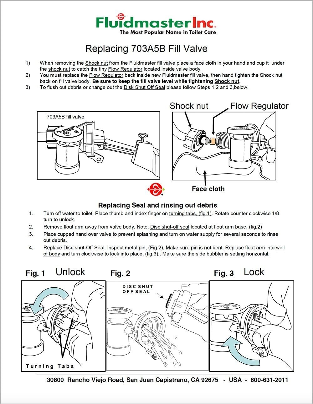 FLUIDMASTER 703A5B Replacement Fill Valve Glacier Bay Niagara Flapperless Toilet