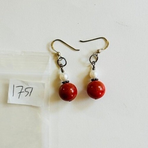 VTG Red Sponge coral Pearl Earrings Dangle Pierced beaded Silver 925 sterling - Picture 5 of 5