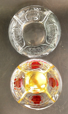 Hand-Applied Gold & Ruby Flash On KIG Ashtray, Studio Piece! Before-After