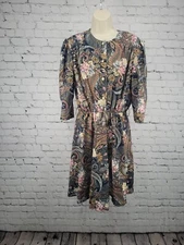 VTG California Looks Elastic Waist Button Up Front Floral 3/4 Sleeve Dress 14