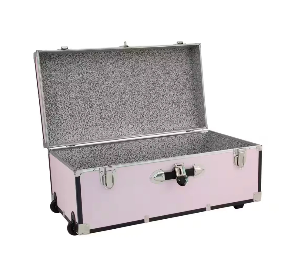 Baúl taquilla rosa rubor con ruedas cofre de almacenamiento equipaje de viaje dormitorio universitario Foto 3 de 4