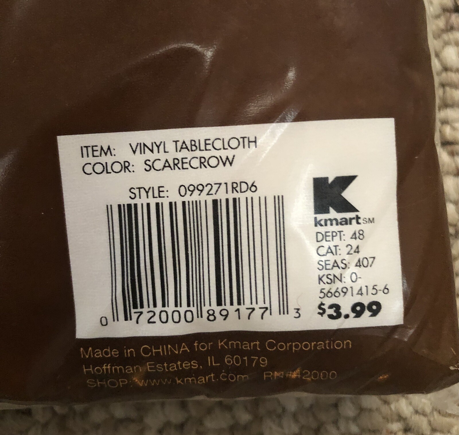 Vintage Kmart Autumn Fall Vinyl Tablecloth Scarecrows Pumpkins 60” Rd