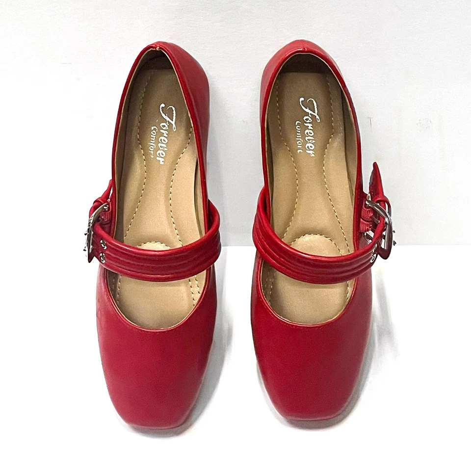 Nuevo Mujer Rojo Mary Jane Puntera Cuadrada Doble Correas Ballet Pisos 5 a 10 Foto 3 de 4