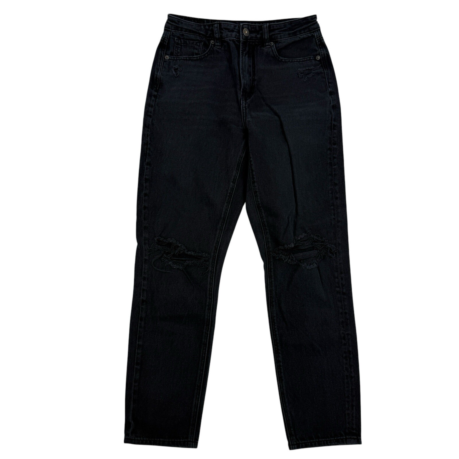 American Eagle Mom Jeans Denim Charcoal Gray/Black Distressed Sz 2 Cotton Pol-image