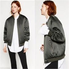 ZARA Oversized Satin Effect Bomber Jacket XS Lightweight Coat Olive Army Green