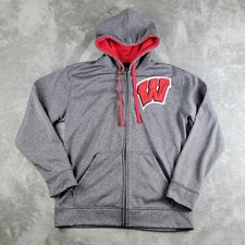 Champions University Of Wisconsin Badgers Jacket Medium Gray Big Logo Hooded Zip