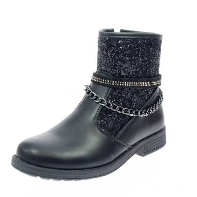 Asso Glitzer Stiefeletten Schnürlos mit Reißverschluss Schwarz - Junior Schuhe Mädchen