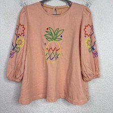 Mini Boden Shirt Girls 5-6Y Peach Embroidered Pineapple Floral Boho Whimsical