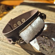 Boho Leather Cuff Bracelet White Druzy Crystal Adjustable Festival Statement