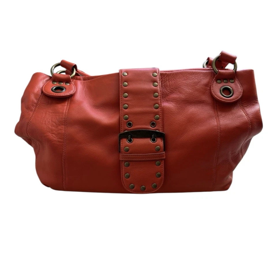 CHI by Falchi Boho Hobo Cartera Bolso de Hombro Tachonado Hebilla Cuero Naranja Y2K De Colección Foto 3 de 4