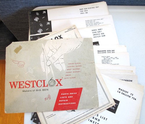 WESTCLOX Sheaf of PARTS LISTS & REPAIR NOTES - Car Clocks - Electric & Spring