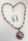 Rhodium Rhodochrosite Pendant Pearl Crystal 23" Necklace 2" Earrings Set OA5 — photo 7