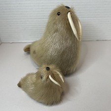 Vintage Miniature Mom Walrus 5.5" & Baby Walrus Real Fur 2.75" Made Of Real Fur
