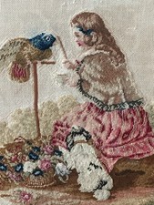 Antique Victorian Framed Needlepoint Tapestry Girl Floral Parrot Spaniel Dog
