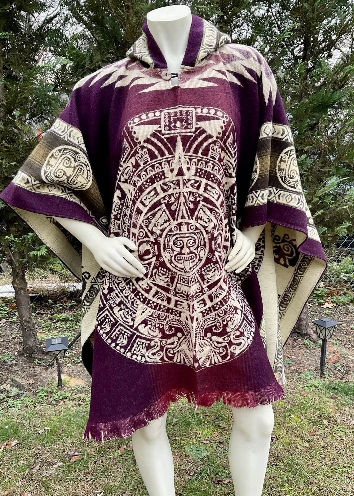 ALPACA WOOL PONCHO, AZTEC CALENDAR, Burgundy, Very Soft & Warm, Made In Ecuador