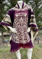 ALPACA WOOL PONCHO, AZTEC CALENDAR, Burgundy, Very Soft  Warm, Made In Ecuador