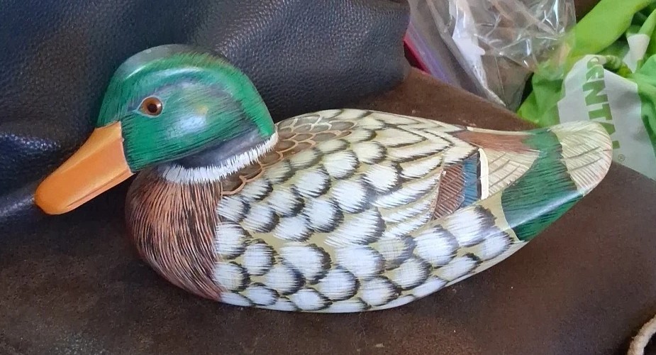 Hand Carved Painted Wooden Mallard Duck with Solid Glass Eyes