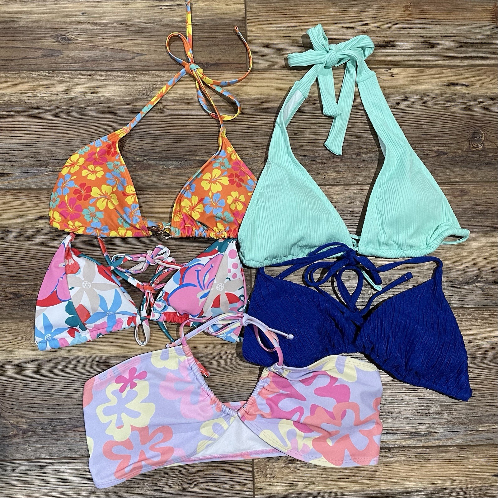 Lot Of 5 Bikini Swim Tops Size Medium Padded Tie Triangle Halter Multicolor NWOT