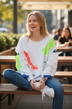 H FOUR Colorblock Pullover Sweatshirt White Neon Drawstring Accents
