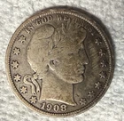 1908-O 50c Barber 90% Silver Half Dollar U S Coin - VG to F