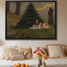 Rustic Dog Art Canvas Print Oil Painting Floral Still Life Decor Christmas Wall