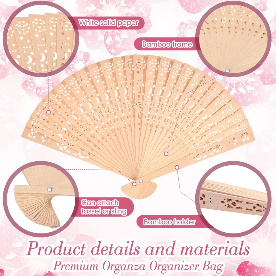 100 Piezas Ventiladores de Mano de Madera con 100 Piezas Bolsas de Regalo de Organza Ventiladores de Boda Madera F... Foto 3 de 4