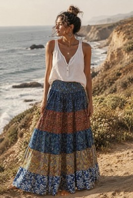 Recycled Skirt Silk Blend Patchwork Lightweight Tiered Ruffle Free Size Boho