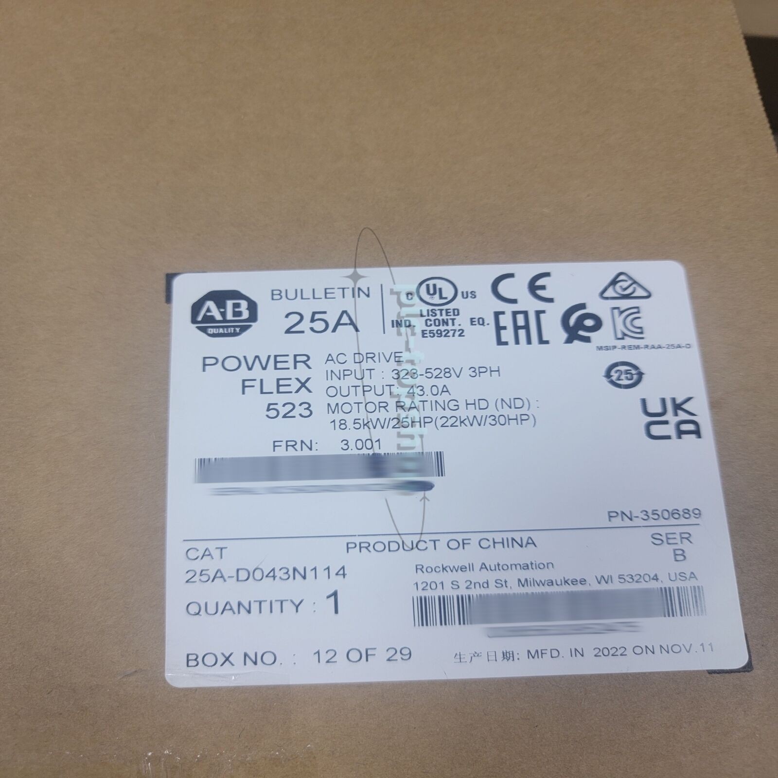 Allen Bradley 25A-D043N114 In Stock Series B PowerFlex 523 AC Drive 22 kW 30 Hp