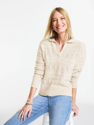 Pointelle Johnny Collar Sweater Talbots, NWT $99.5, all size COOL BEIGE