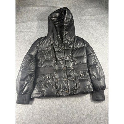 7 For All Mankind Black Down Filled Hooded Puffer Jacket Genuine Rabbit Sz M
