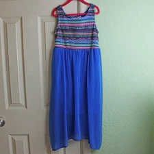 Extremely Me Woven Multicolored Blue Long Double Layered Flowy Dress Girls 10-12