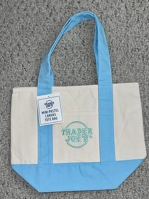 Trader Joe's Mini Pastel Canvas Tote Bag Foldable Small Blue Beige Solid