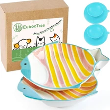 Ceramic Cat Food Bowl Set, Shallow Wide Flat, Whisker Friendly, Non... Fast Ship