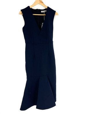 Max Mara Sportmax Dress Size Small Women Navy Mermaid Sheath V Neck Midi Stretch