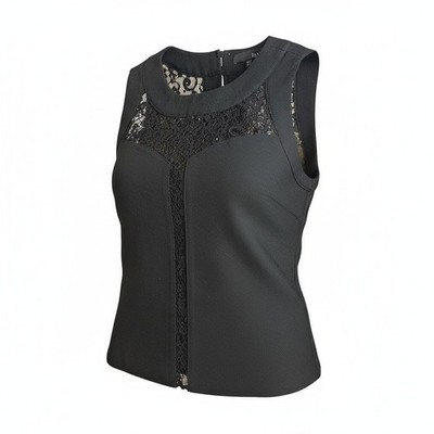 Ro & De Black Sleeveless Top with Floral Lace Illusion Yoke and Center Inset
