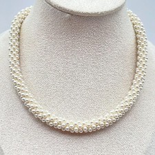Vintage 80s Silver Tone White Twisted Multi Strand Woven Pearl Necklace Jewelry
