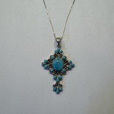 BBJ 925 Sterling Silver Turquoise Cross Necklace Rhodium Plated 18"