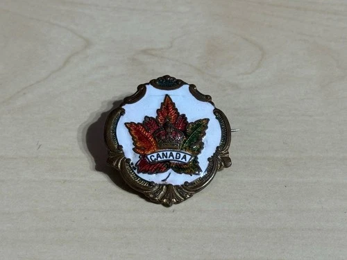 WW1 Era Canada Enamel Sweetheart Badge White Background Maple Leaf