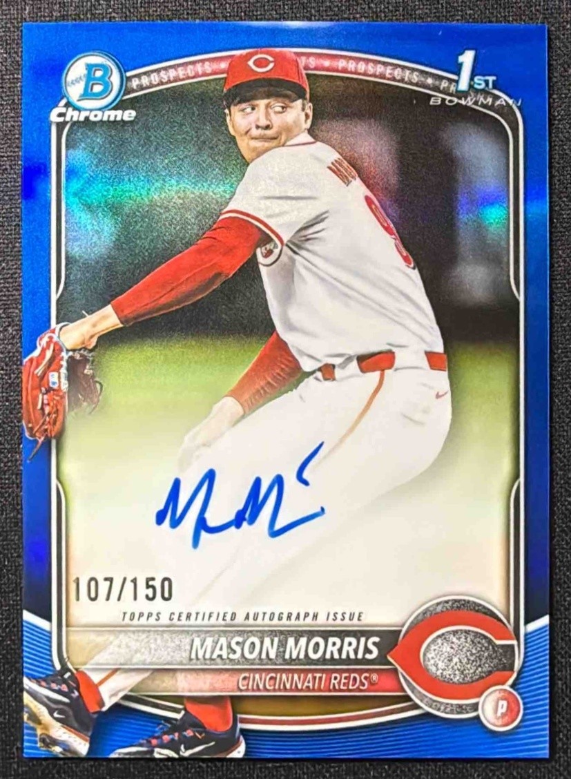 2025 Bowman Draft Mason Morris Chrome Auto Blue Refractor /150 1st Prospect Reds