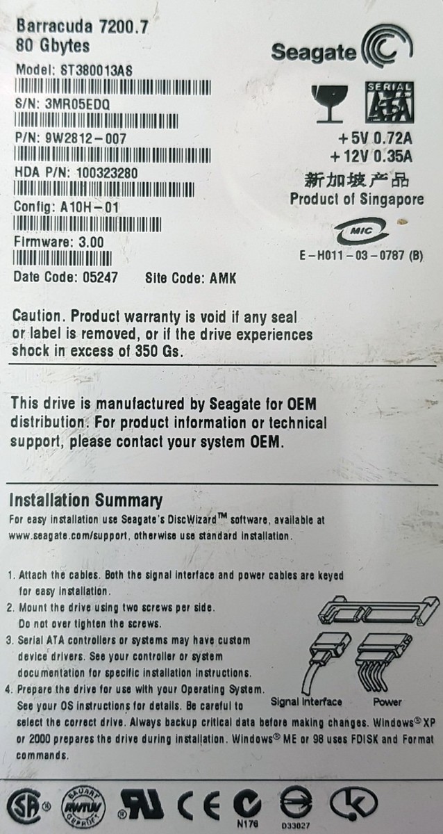Seagate Barracuda 7200.7 ST380013AS 80GB SATA Hard Disk Drive PCB